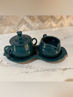 Fiesta Retired Juniper Sugar and Creamer Set on Tray